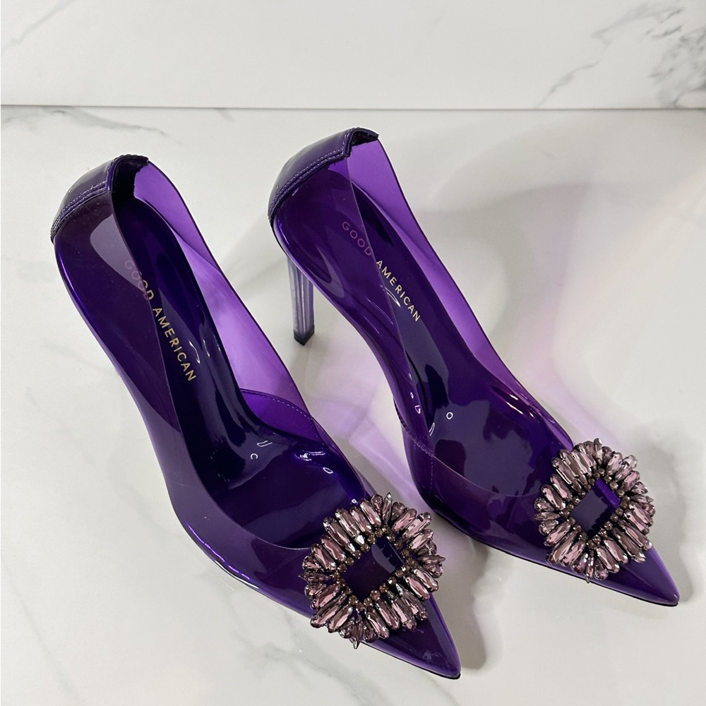 Good American Purple Patent Pointed-Toe Heels with Crystal Buckle